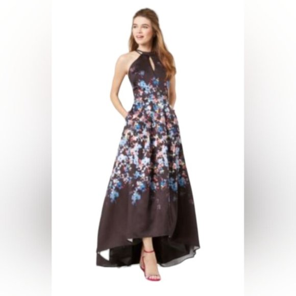 SOLD - Floral Rose Print Maxi Dress/Gown with Full Skirt and Trail. Open Back - Picture 2 of 12